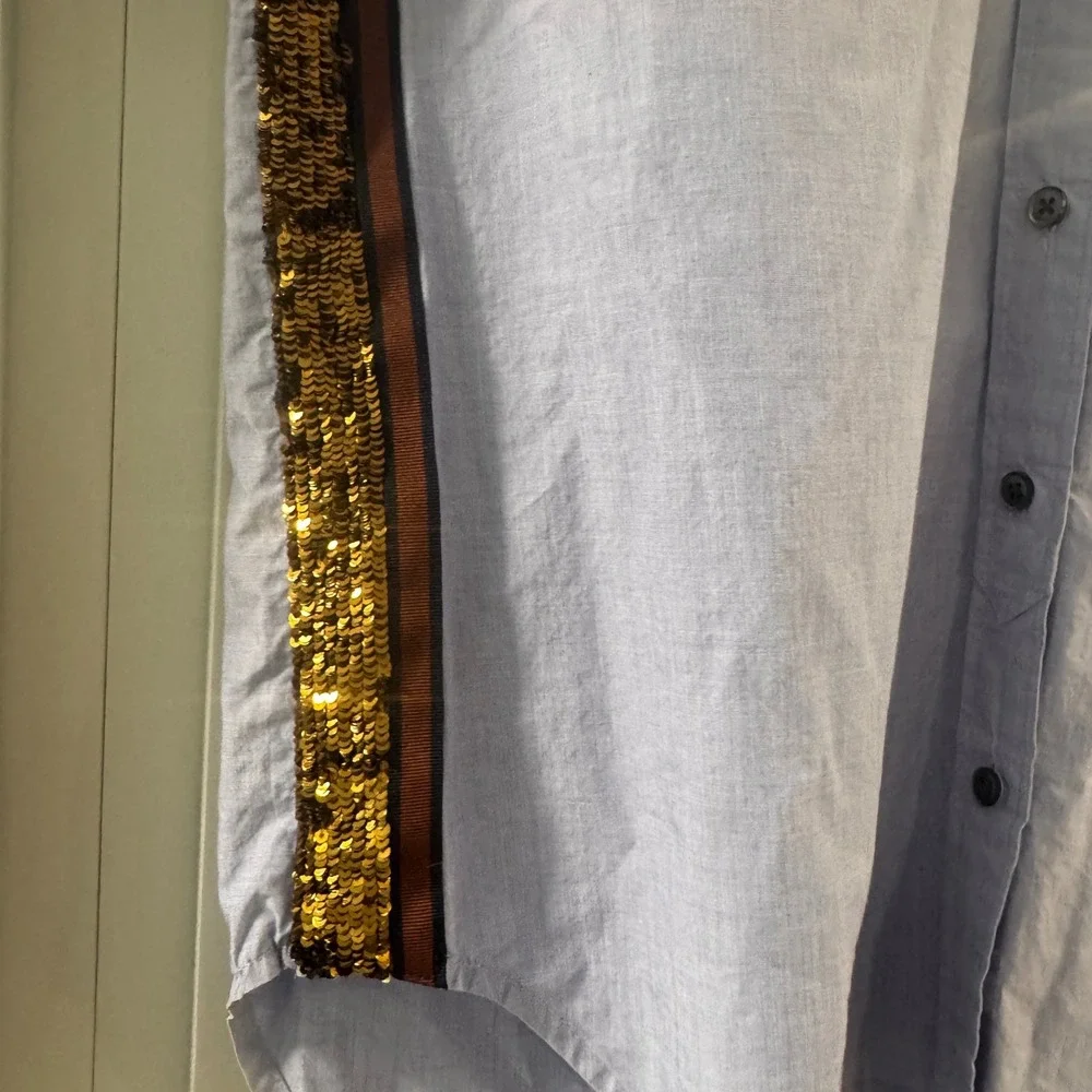 J.Crew Womens Blue Cotton Button Down Shirt Gold Sequin Side Stripe Size 10